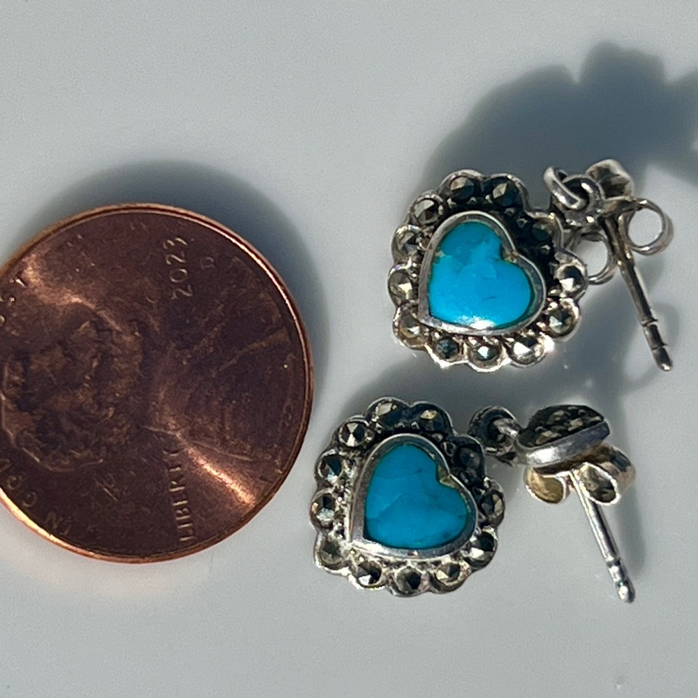 Vintage Sterling Silver Marcasite Turquoise Heart Dangle Earrings 925